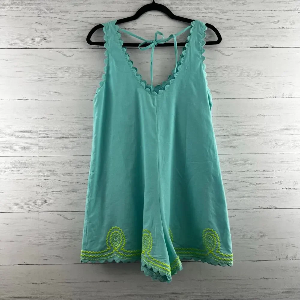 J. Marie Makenna Blue and Green Embroidered Romper Size S - Picture 2 of 6